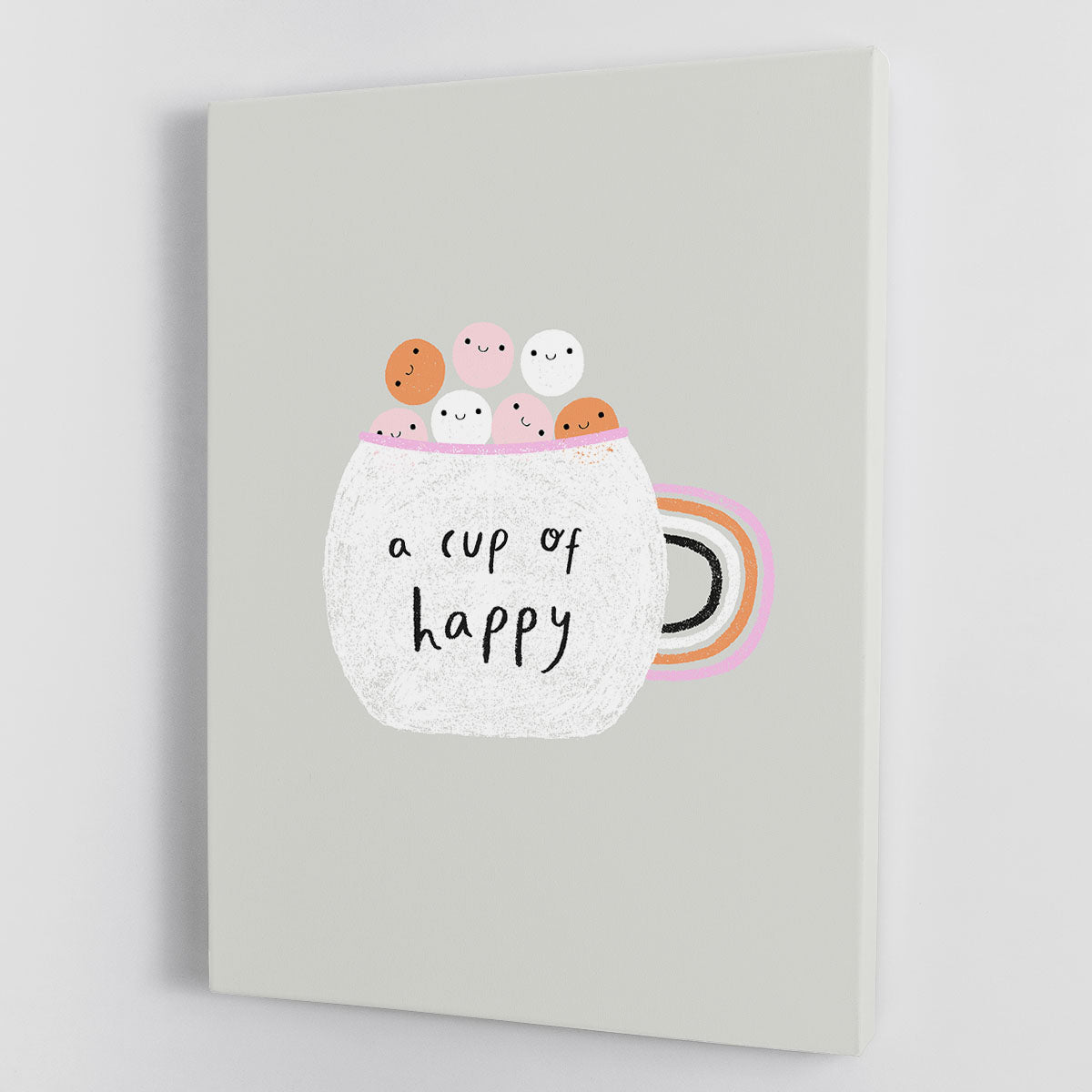 A vibrant canvas print titled 'A Cup of Happy', featuring cheerful colors and artistic design, perfect for home decor.