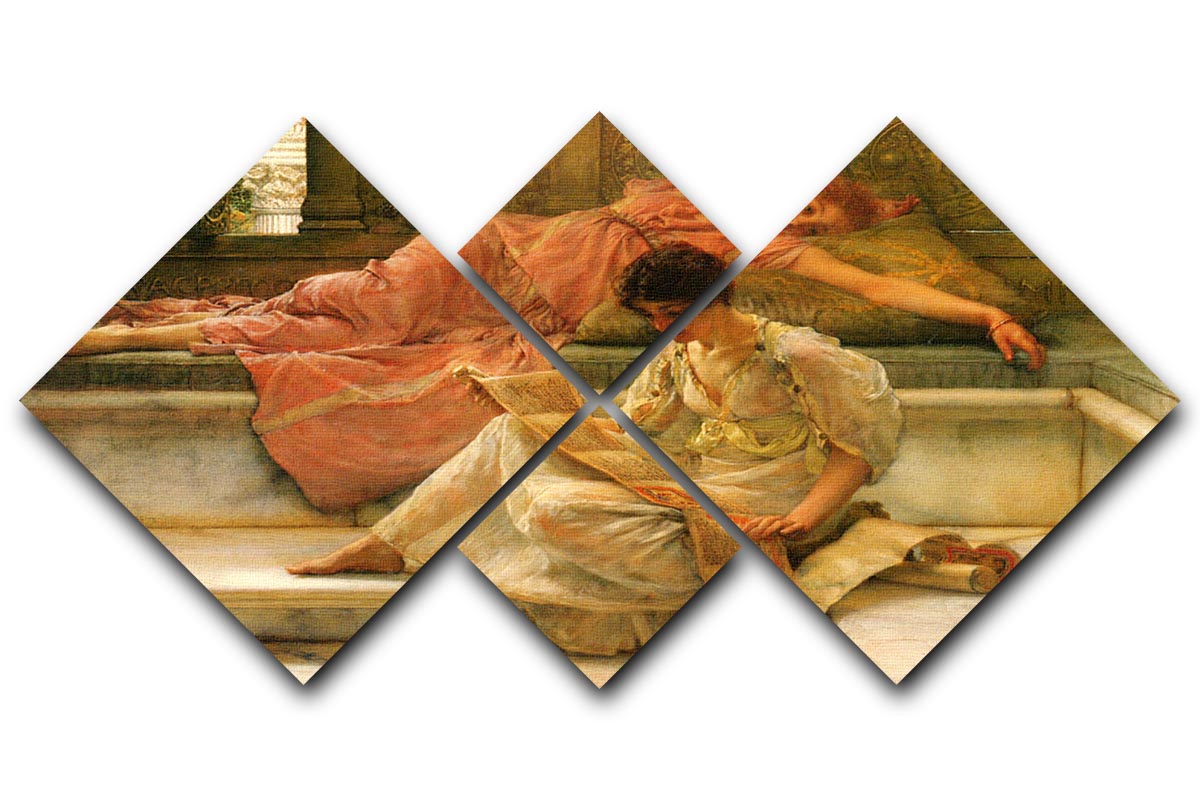 A 4-square multi-panel canvas artwork titled 'A Favorite Poet' by Alma Tadema, showcasing intricate details and vibrant colors.