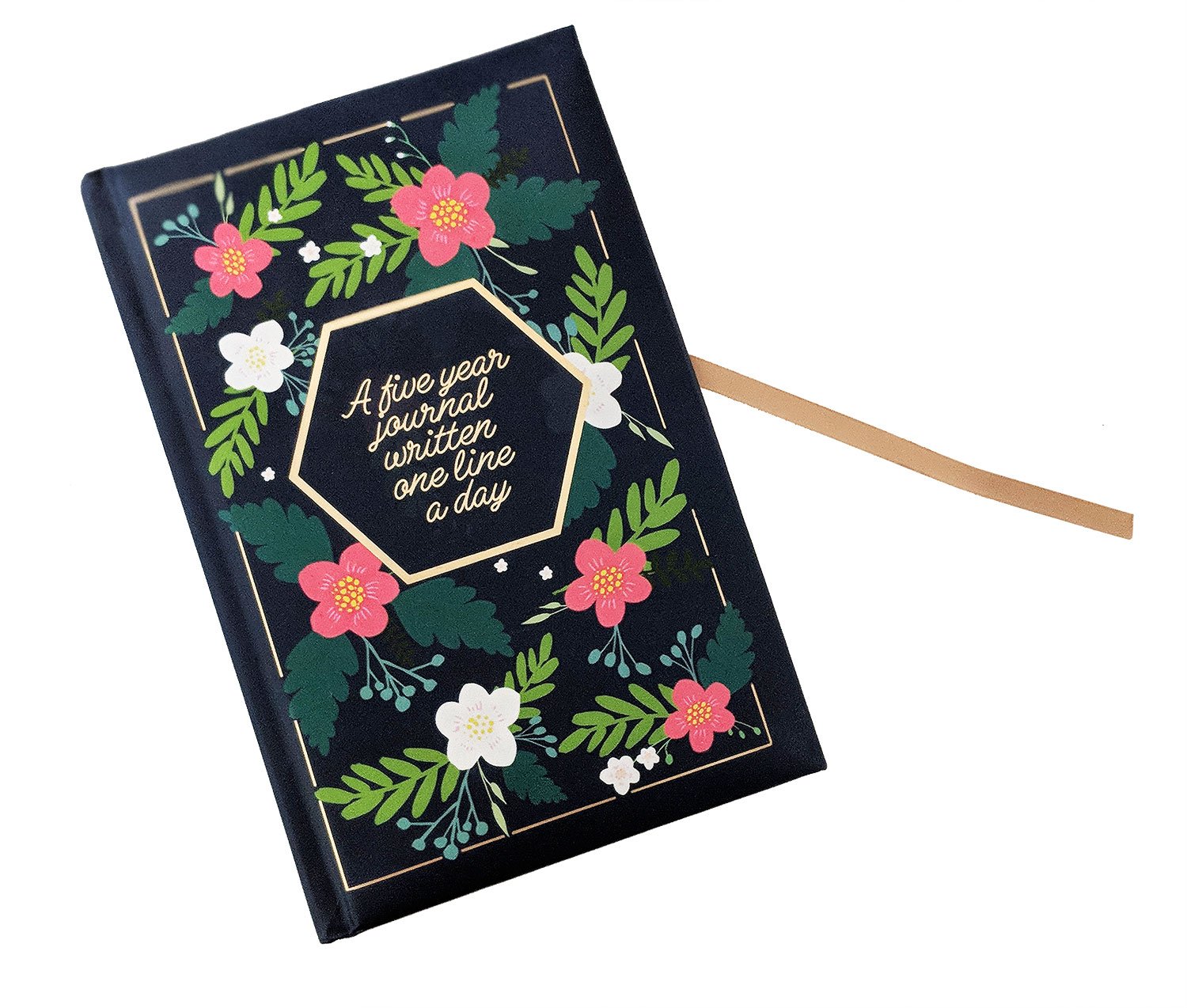 A beautiful navy floral five-year journal with gold accents, featuring a bookmark ribbon and gold foil edges, perfect for daily reflections.