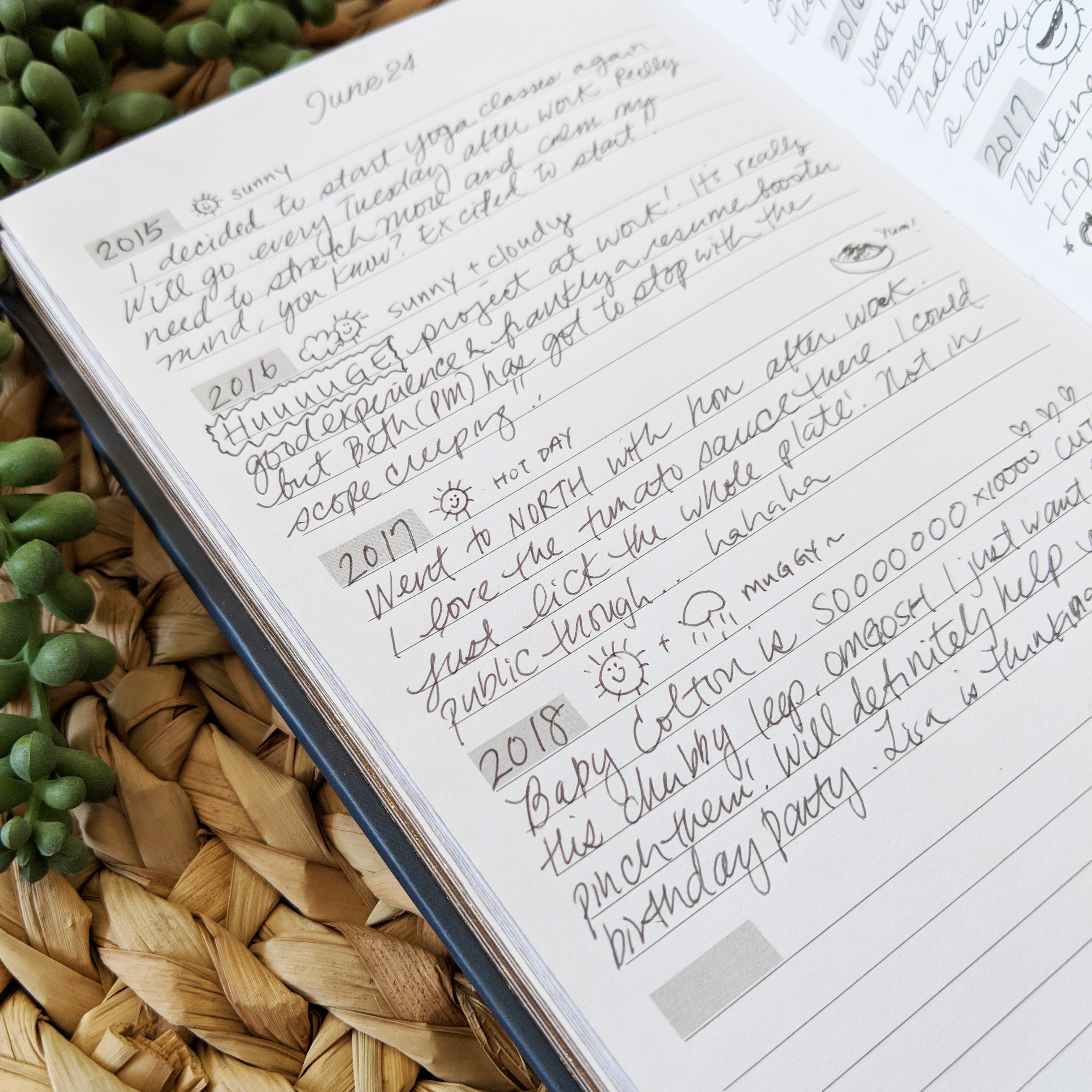 A beautiful navy floral five-year journal with gold accents, featuring a bookmark ribbon and gold foil edges, perfect for daily reflections.