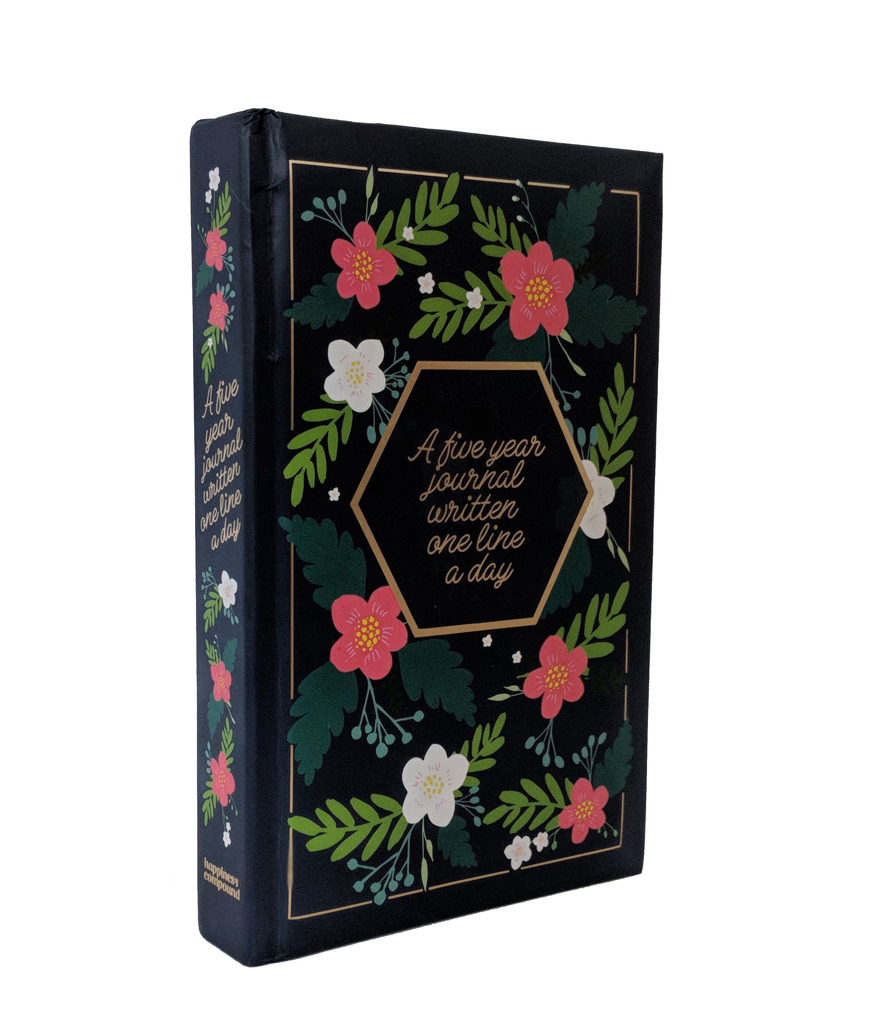 A beautiful navy floral five-year journal with gold accents, featuring a bookmark ribbon and gold foil edges, perfect for daily reflections.