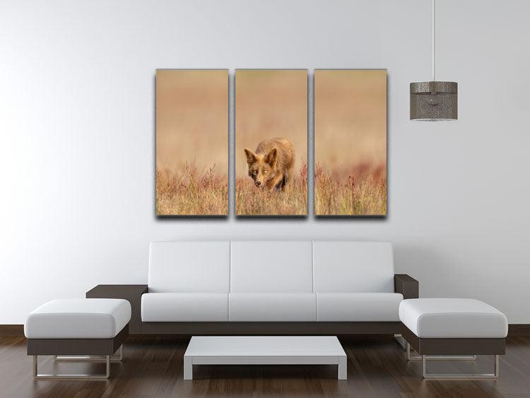 A stunning 3-panel canvas print featuring a fox on the hunt, showcasing vibrant colors and intricate details, perfect for home decor.