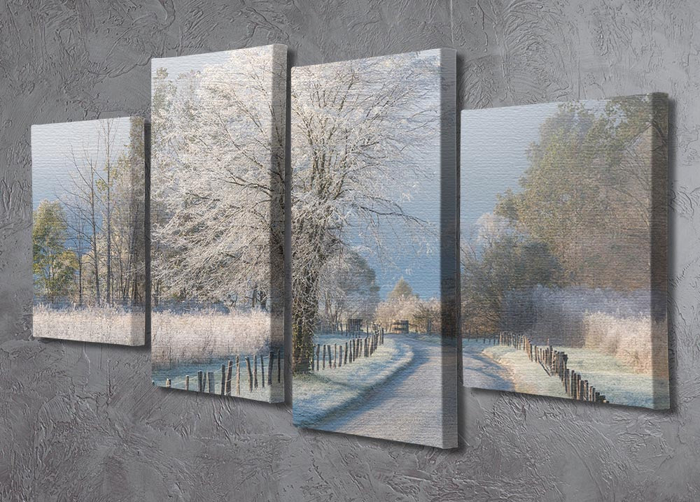 A Frosty Morning 4 Split Panel Canvas artwork featuring serene winter landscape divided into four panels.