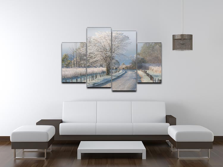A Frosty Morning 4 Split Panel Canvas artwork featuring serene winter landscape divided into four panels.