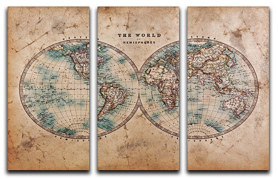 A stunning 3-panel canvas print featuring a vintage world map with old stained effects, perfect for home decor.