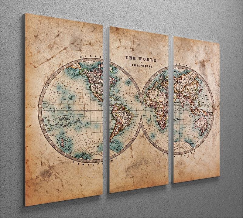 A stunning 3-panel canvas print featuring a vintage world map with old stained effects, perfect for home decor.