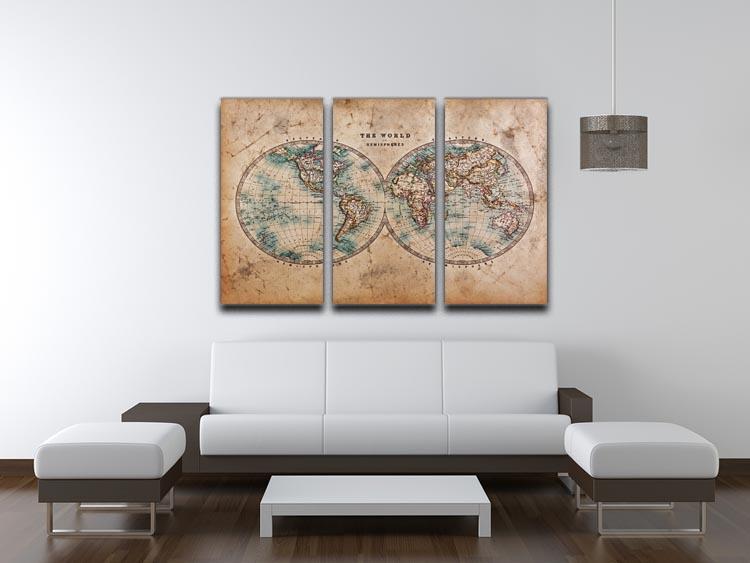 A stunning 3-panel canvas print featuring a vintage world map with old stained effects, perfect for home decor.