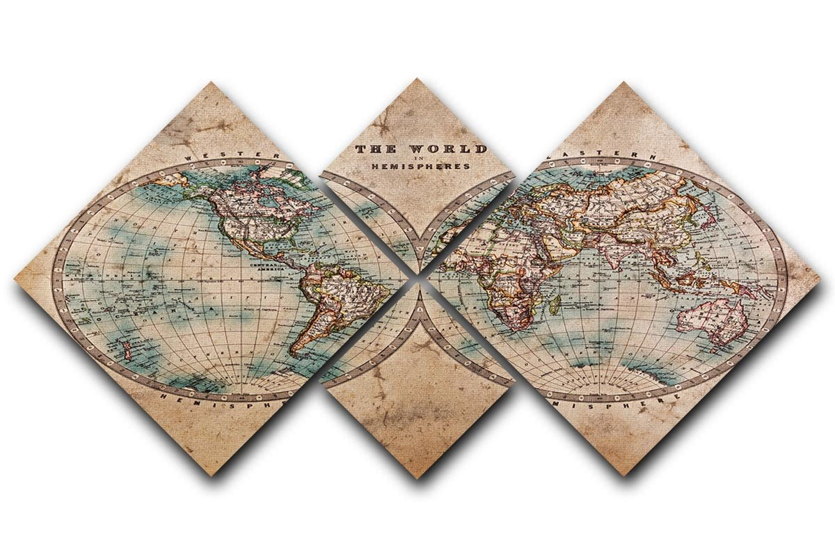 A beautiful 4-square multi-panel canvas featuring a genuine old stained world map, showcasing intricate details and vintage charm.