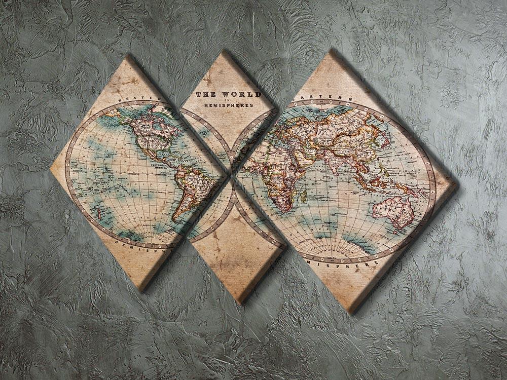 A beautiful 4-square multi-panel canvas featuring a genuine old stained world map, showcasing intricate details and vintage charm.