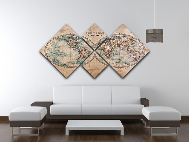 A beautiful 4-square multi-panel canvas featuring a genuine old stained world map, showcasing intricate details and vintage charm.