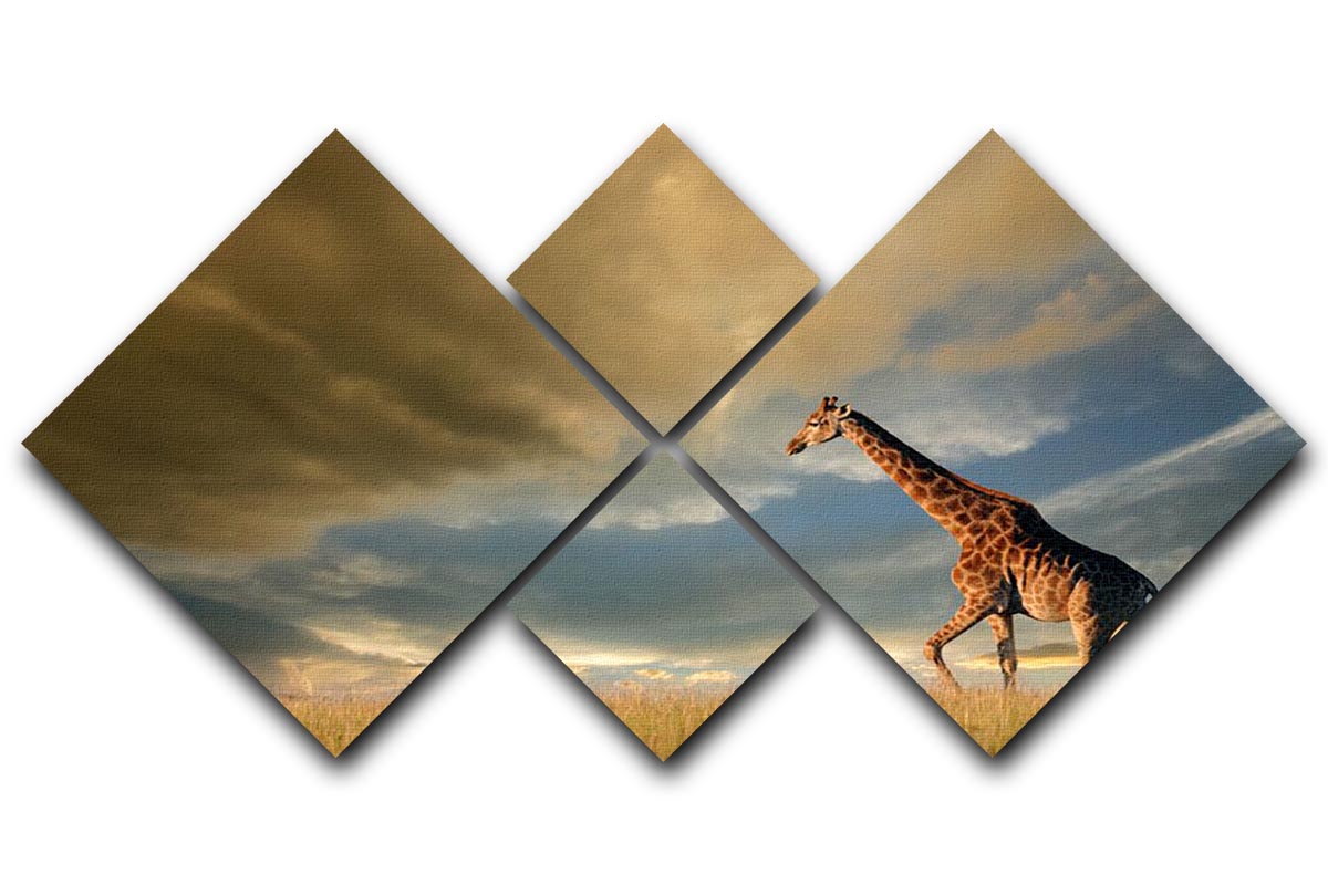 A stunning giraffe walking gracefully on the African plains under a dramatic sky, captured in a four-panel canvas artwork.