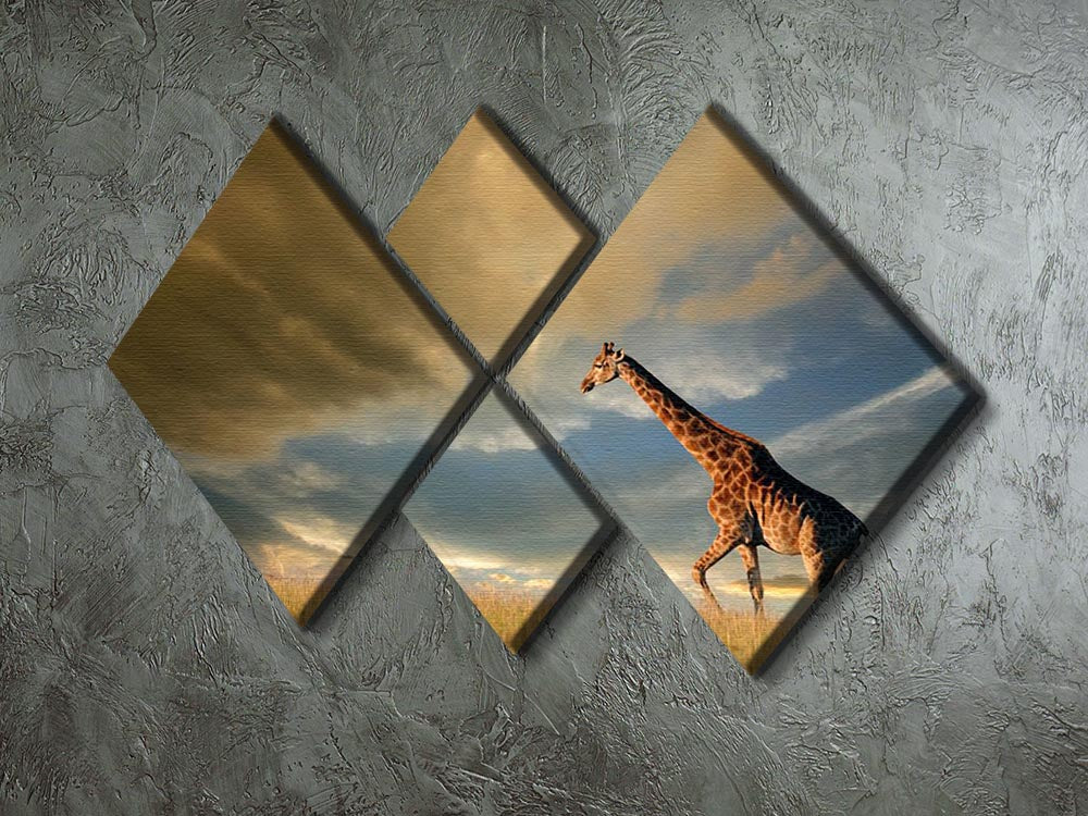 A stunning giraffe walking gracefully on the African plains under a dramatic sky, captured in a four-panel canvas artwork.