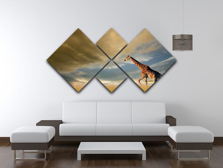 A stunning giraffe walking gracefully on the African plains under a dramatic sky, captured in a four-panel canvas artwork.