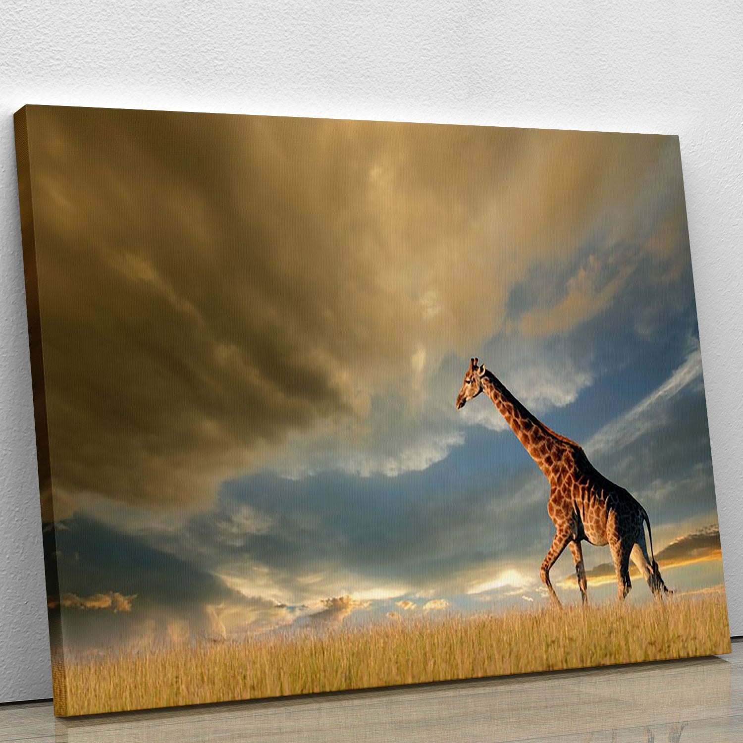 A beautiful canvas print of a giraffe walking on the African plains under a dramatic sky, showcasing vibrant colors and stunning detail.