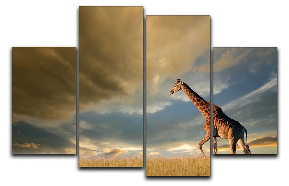 A stunning 4-split canvas artwork depicting a giraffe walking on the African plains under a dramatic sky, showcasing vibrant colors and intricate details.