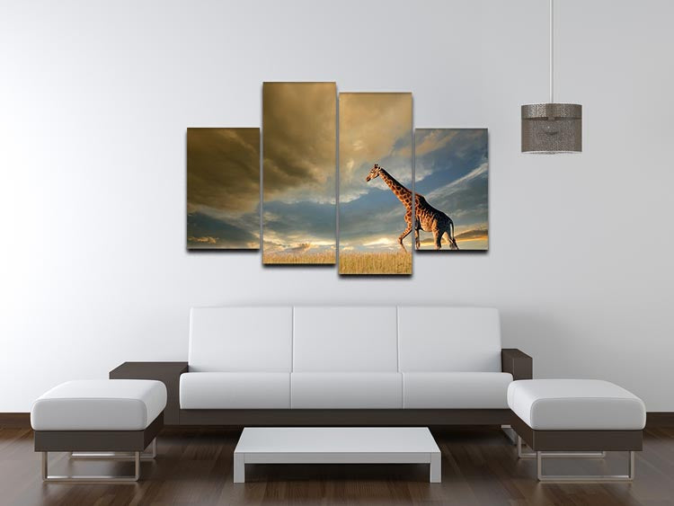 A stunning 4-split canvas artwork depicting a giraffe walking on the African plains under a dramatic sky, showcasing vibrant colors and intricate details.