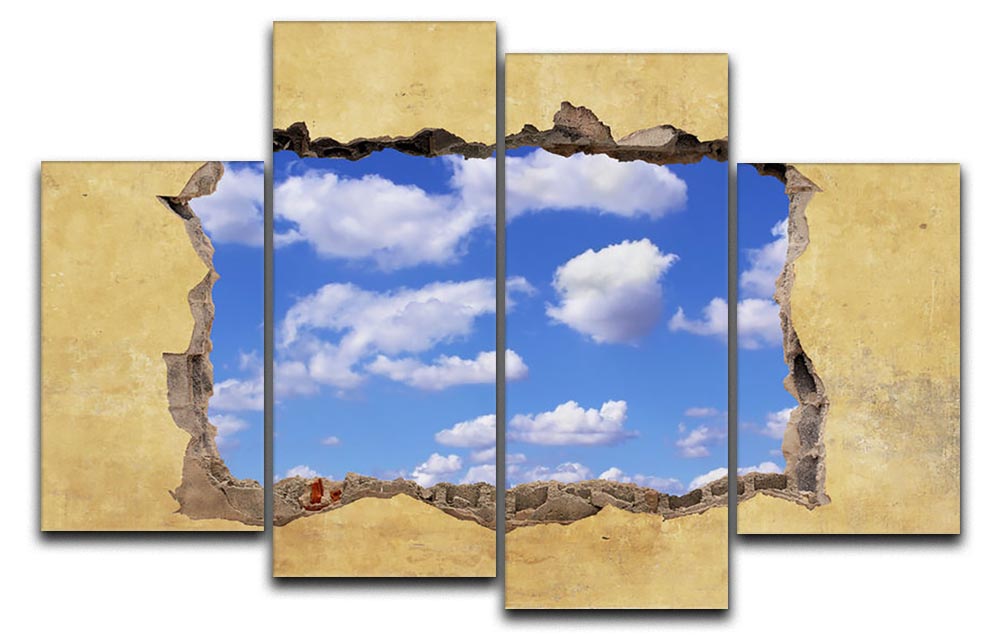 A beautiful 4-split canvas artwork depicting a blue sky through a hole in a wall, showcasing a modern and dynamic design.