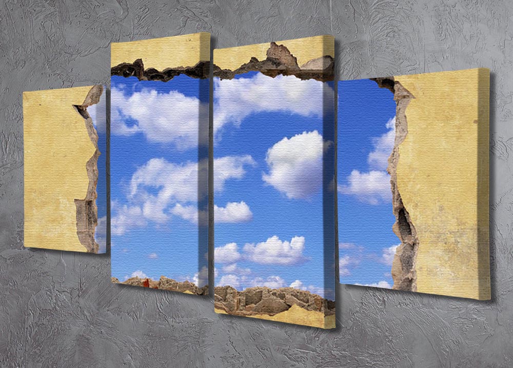 A beautiful 4-split canvas artwork depicting a blue sky through a hole in a wall, showcasing a modern and dynamic design.