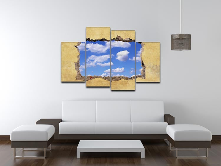 A beautiful 4-split canvas artwork depicting a blue sky through a hole in a wall, showcasing a modern and dynamic design.