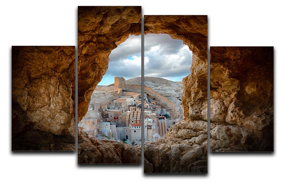 A Hole In The Wall 4 Split Panel Canvas artwork displayed in a modern living room setting, showcasing its dynamic design and vibrant colors.