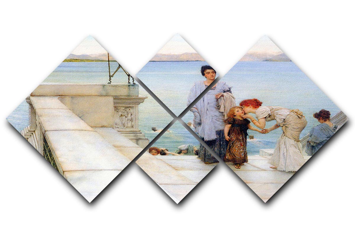 A multi-panel canvas artwork titled 'A Kiss' by Alma Tadema, featuring a romantic couple in an embrace, divided into four equal square sections.