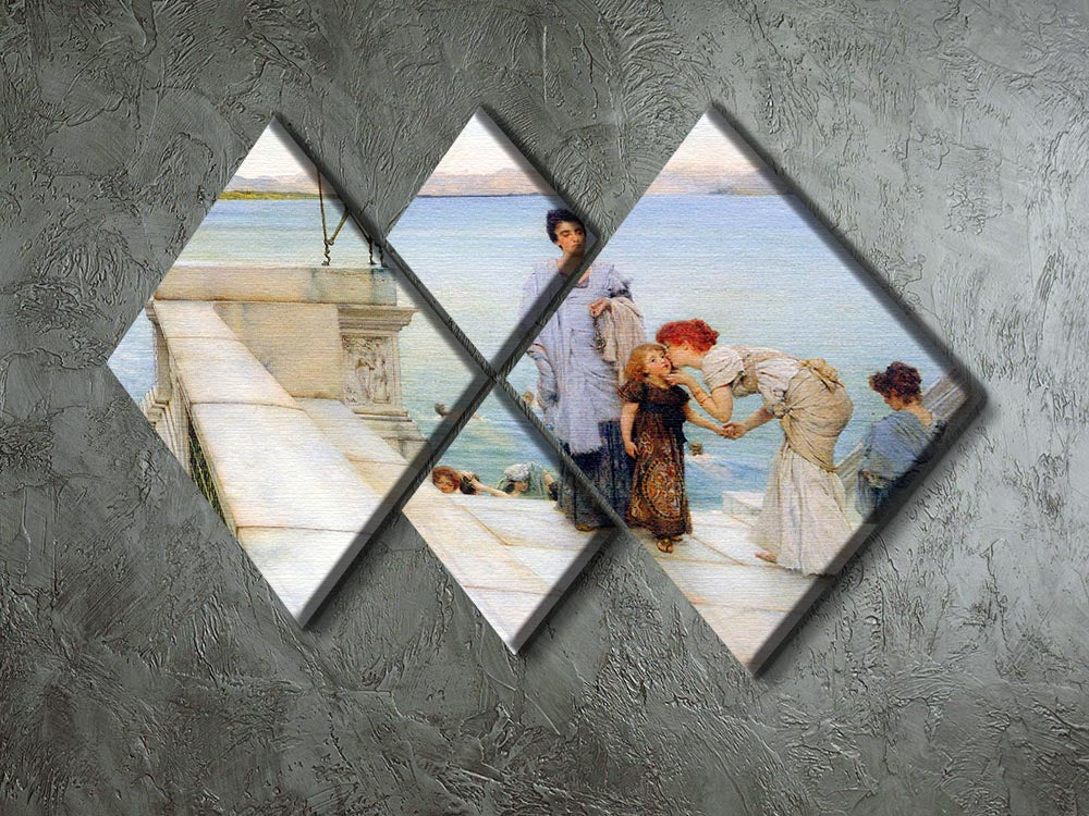 A multi-panel canvas artwork titled 'A Kiss' by Alma Tadema, featuring a romantic couple in an embrace, divided into four equal square sections.