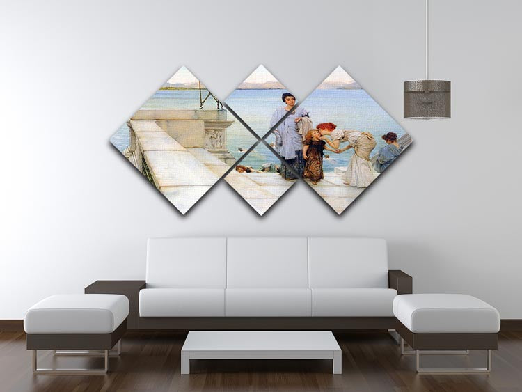 A multi-panel canvas artwork titled 'A Kiss' by Alma Tadema, featuring a romantic couple in an embrace, divided into four equal square sections.