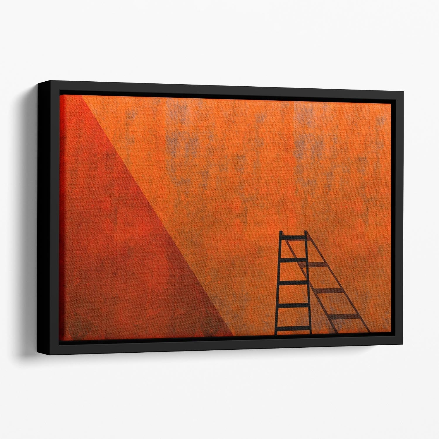 A vibrant abstract canvas art piece featuring a ladder and its shadow, elegantly framed in a floating wooden frame.