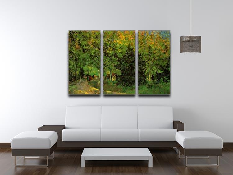 A stunning 3-panel canvas art featuring Van Gogh's 'A Lane in the Public Garden at Arles', showcasing vibrant colors and intricate details.