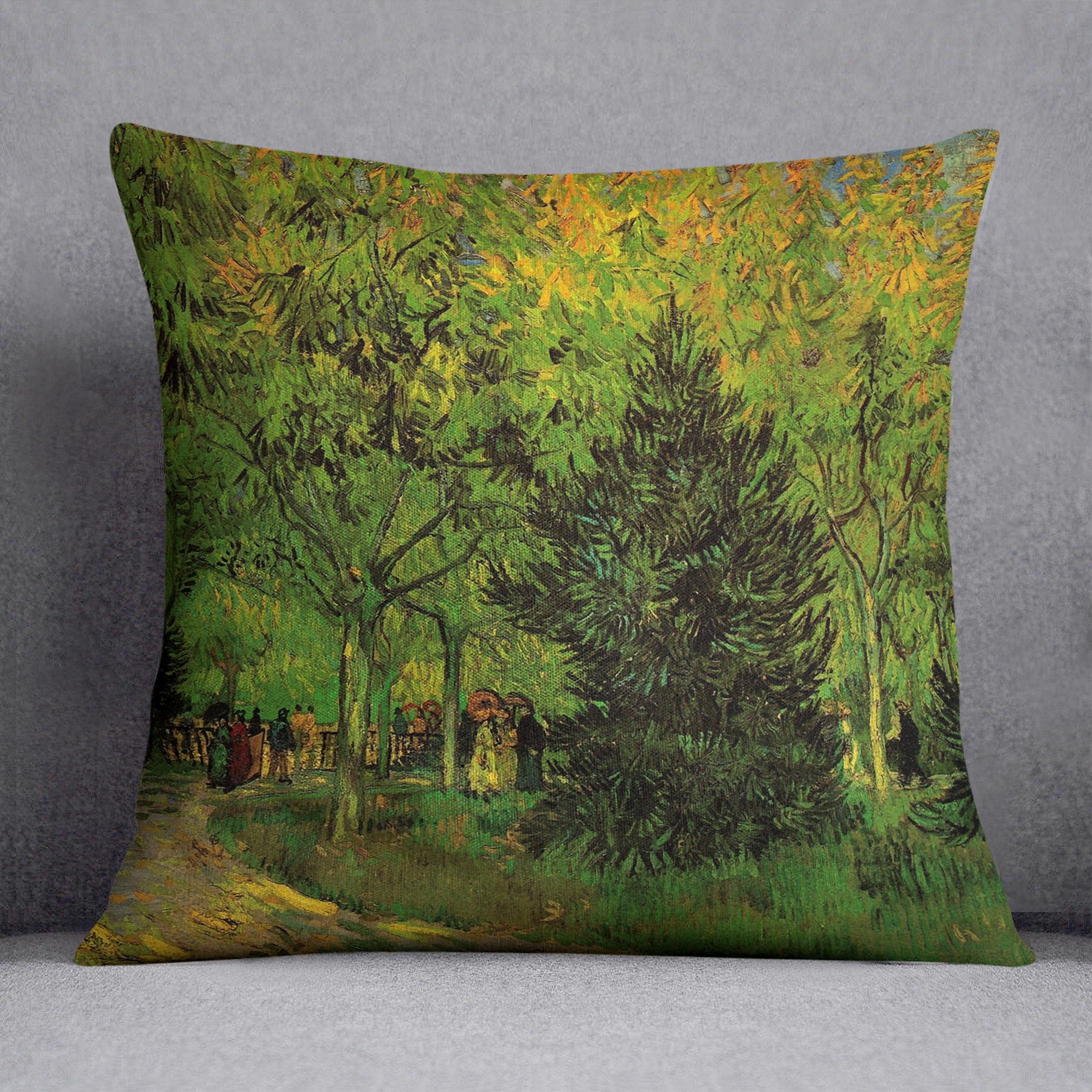 A vibrant cushion featuring Van Gogh's 'A Lane in the Public Garden at Arles' design, made from soft vegan faux suede.