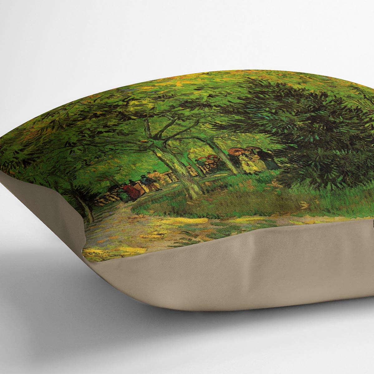 A vibrant cushion featuring Van Gogh's 'A Lane in the Public Garden at Arles' design, made from soft vegan faux suede.