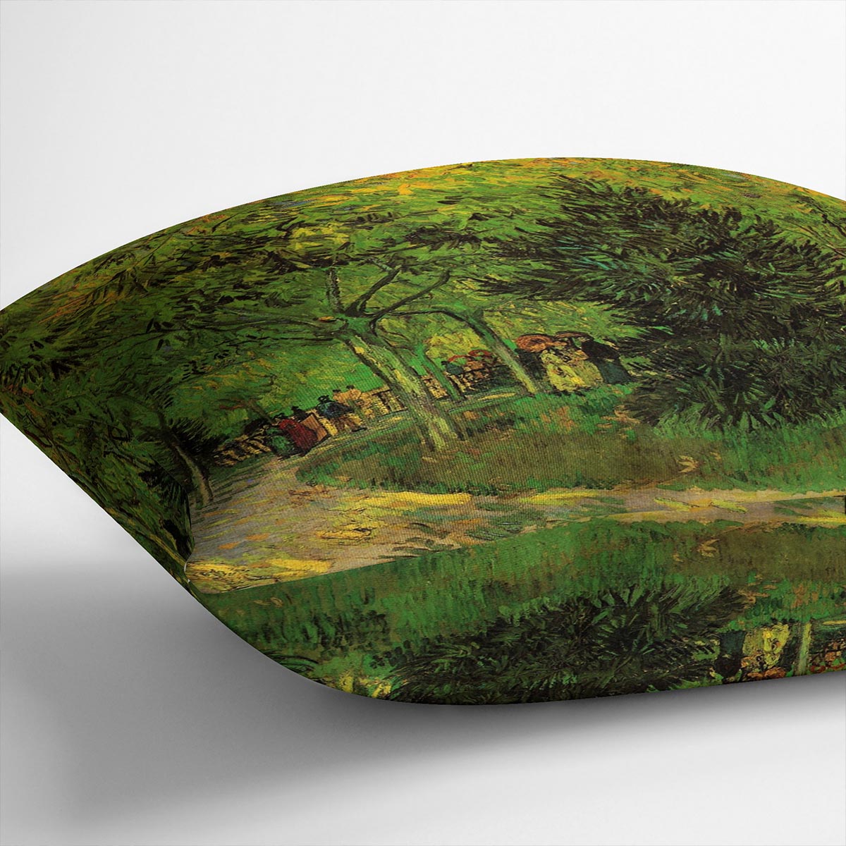 A vibrant cushion featuring Van Gogh's 'A Lane in the Public Garden at Arles' design, made from soft vegan faux suede.