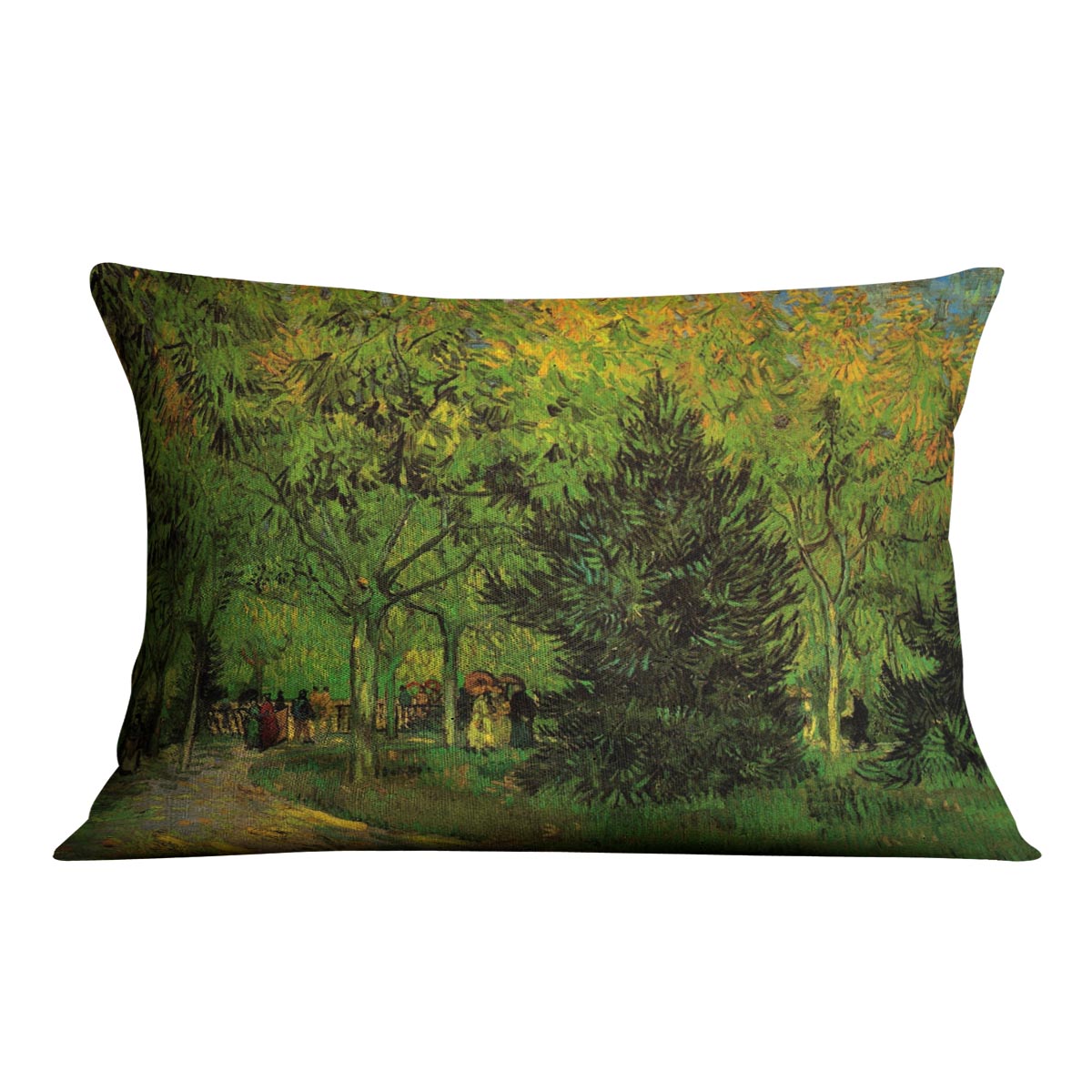 A vibrant cushion featuring Van Gogh's 'A Lane in the Public Garden at Arles' design, made from soft vegan faux suede.