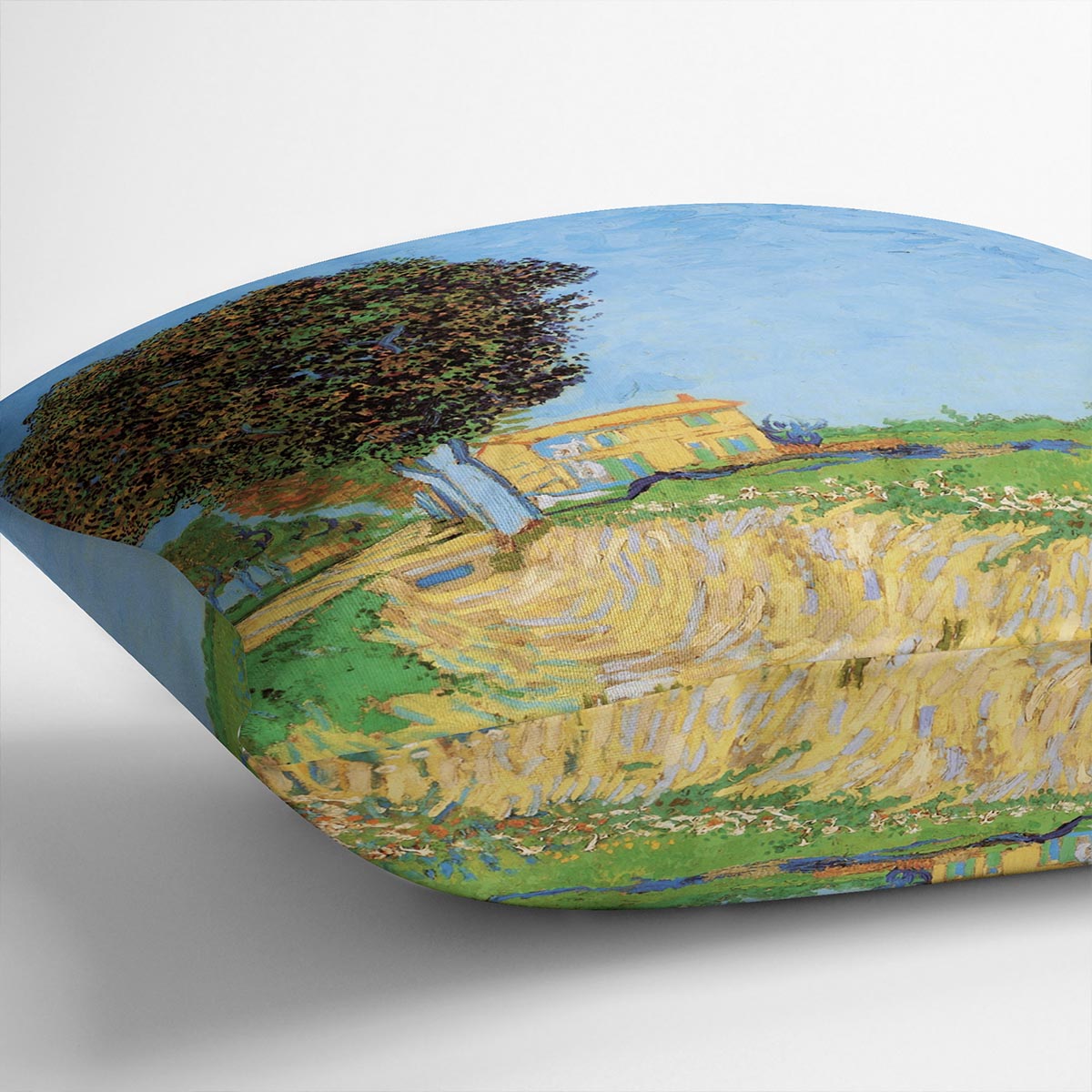 A vibrant cushion featuring Van Gogh's A Lane near Arles design, made from luxurious vegan faux suede.