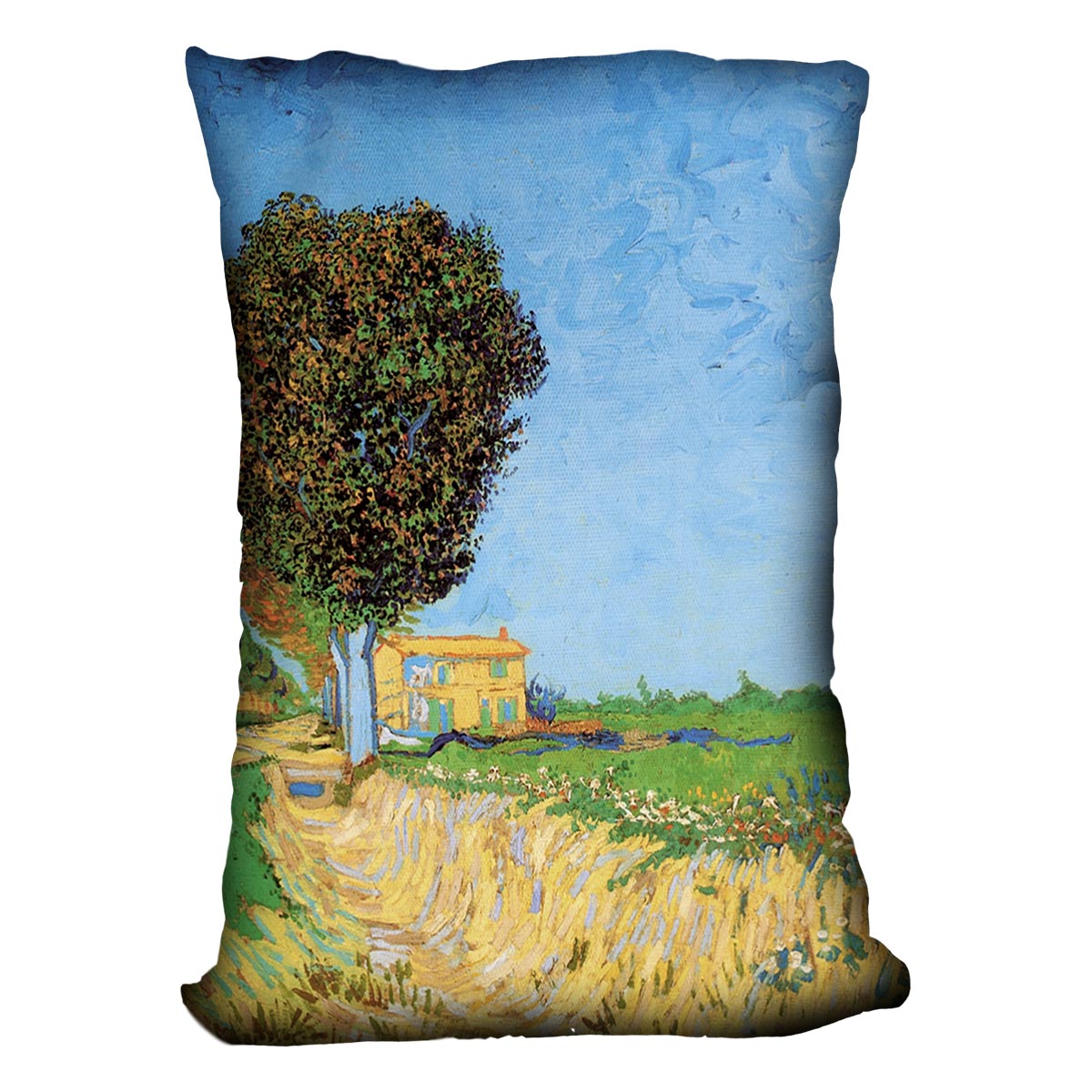 A vibrant cushion featuring Van Gogh's A Lane near Arles design, made from luxurious vegan faux suede.