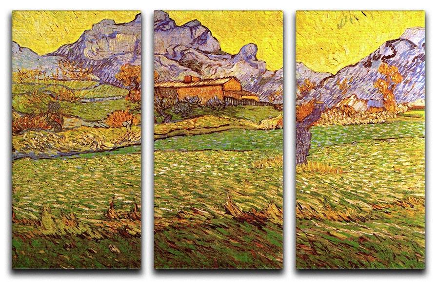 Three-panel canvas art featuring Van Gogh's A Meadow in the Mountains, showcasing vibrant colors and intricate details.