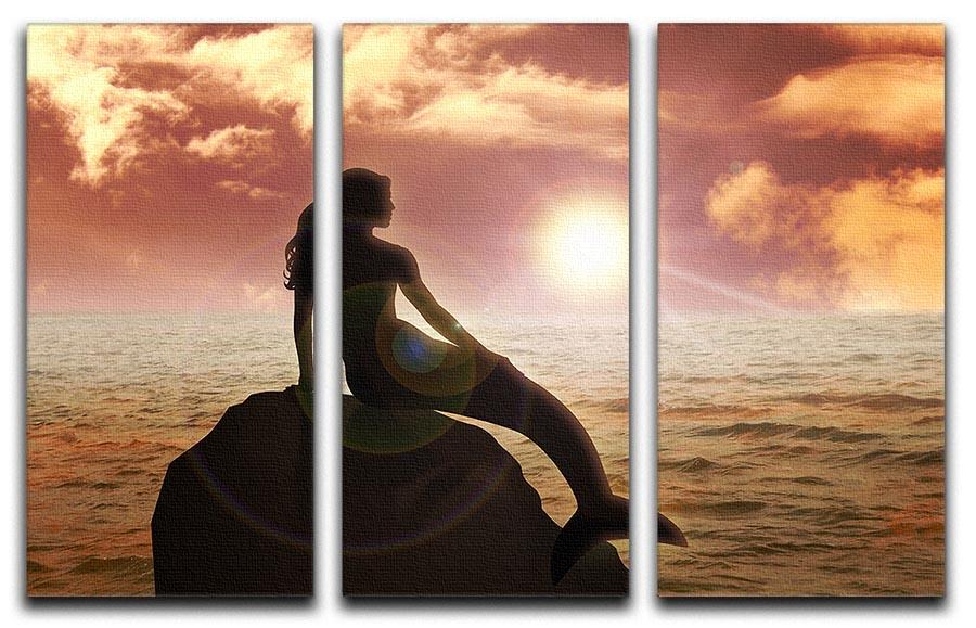 A beautiful mermaid sitting gracefully on a rock, depicted in a stunning 3-panel canvas print, perfect for home decor.