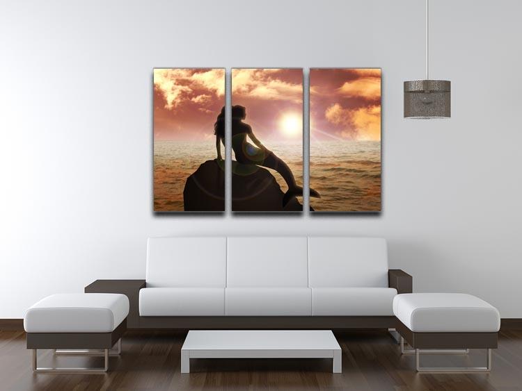 A beautiful mermaid sitting gracefully on a rock, depicted in a stunning 3-panel canvas print, perfect for home decor.