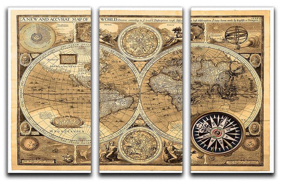 A stunning 3-panel canvas print of an accurate world map, showcasing vibrant colors and intricate details, perfect for home or office decor.