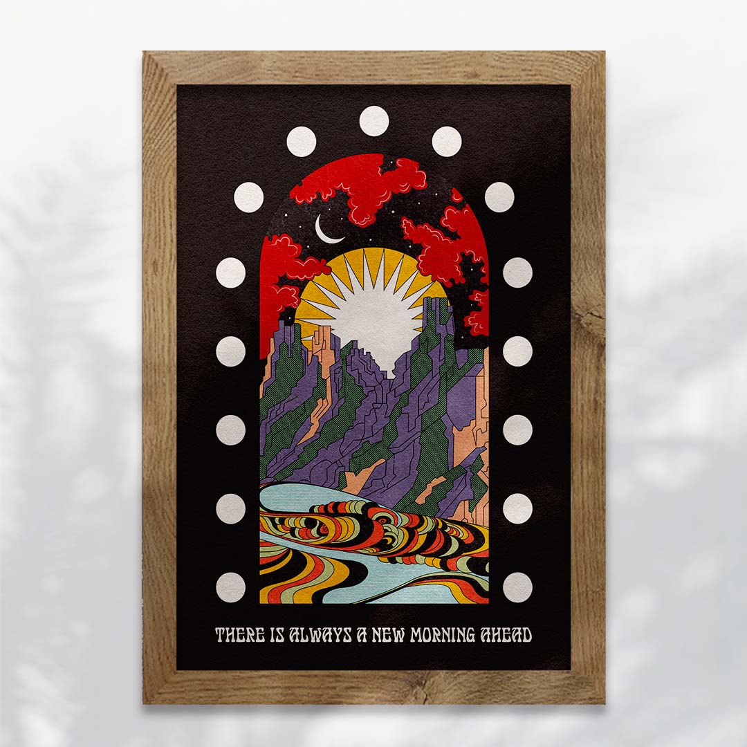 A New Morning Ahead art print featuring a mountain scene with sun and moon, available with or without positive typography.