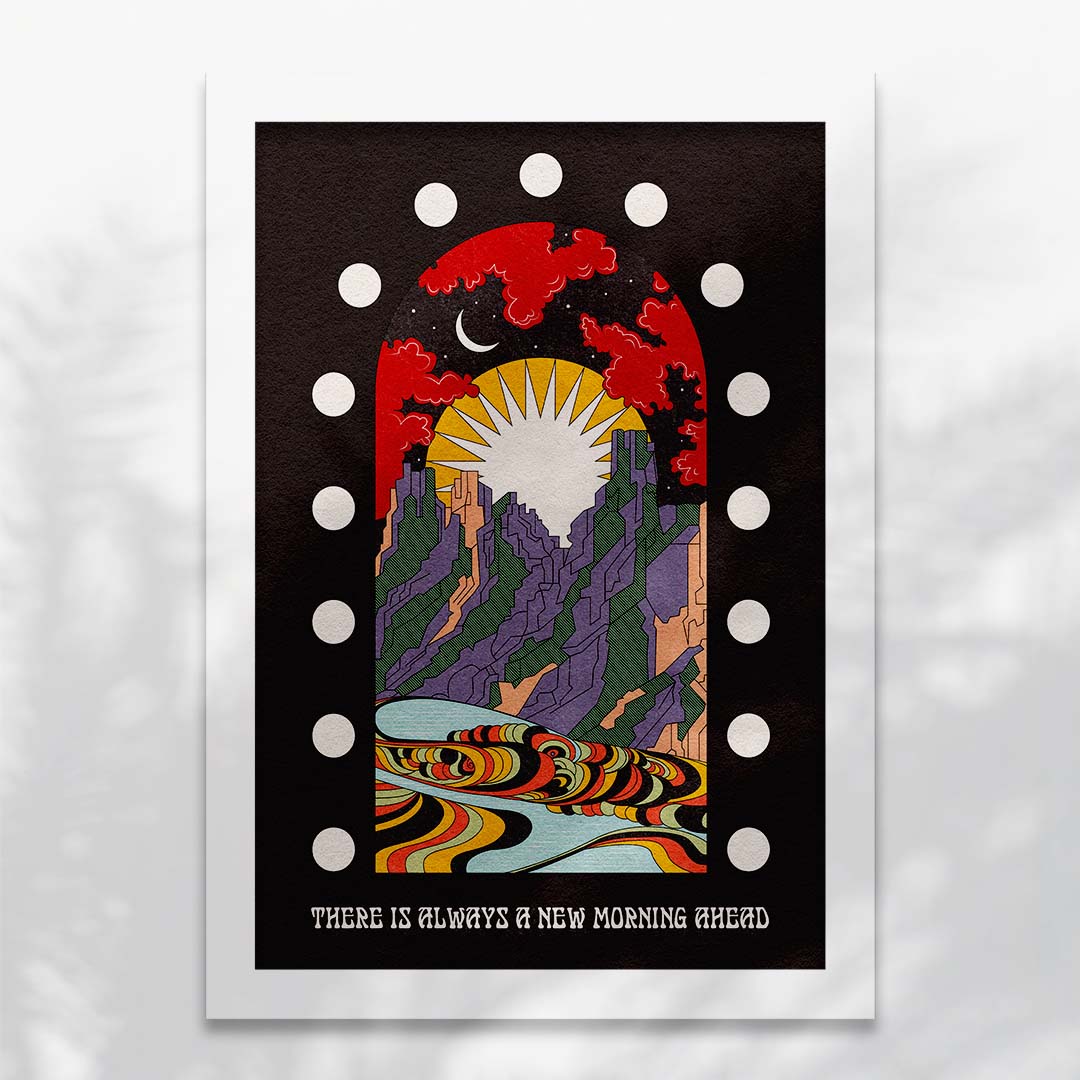 A New Morning Ahead art print featuring a mountain scene with sun and moon, available with or without positive typography.