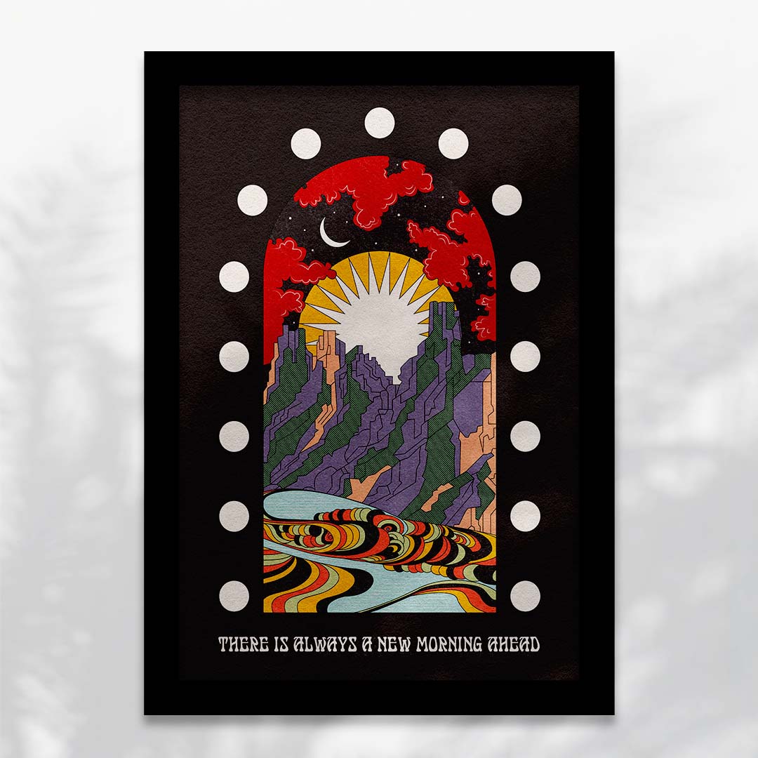 A New Morning Ahead art print featuring a mountain scene with sun and moon, available with or without positive typography.