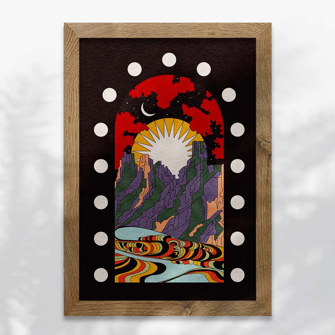 A New Morning Ahead art print featuring a mountain scene with sun and moon, available with or without positive typography.