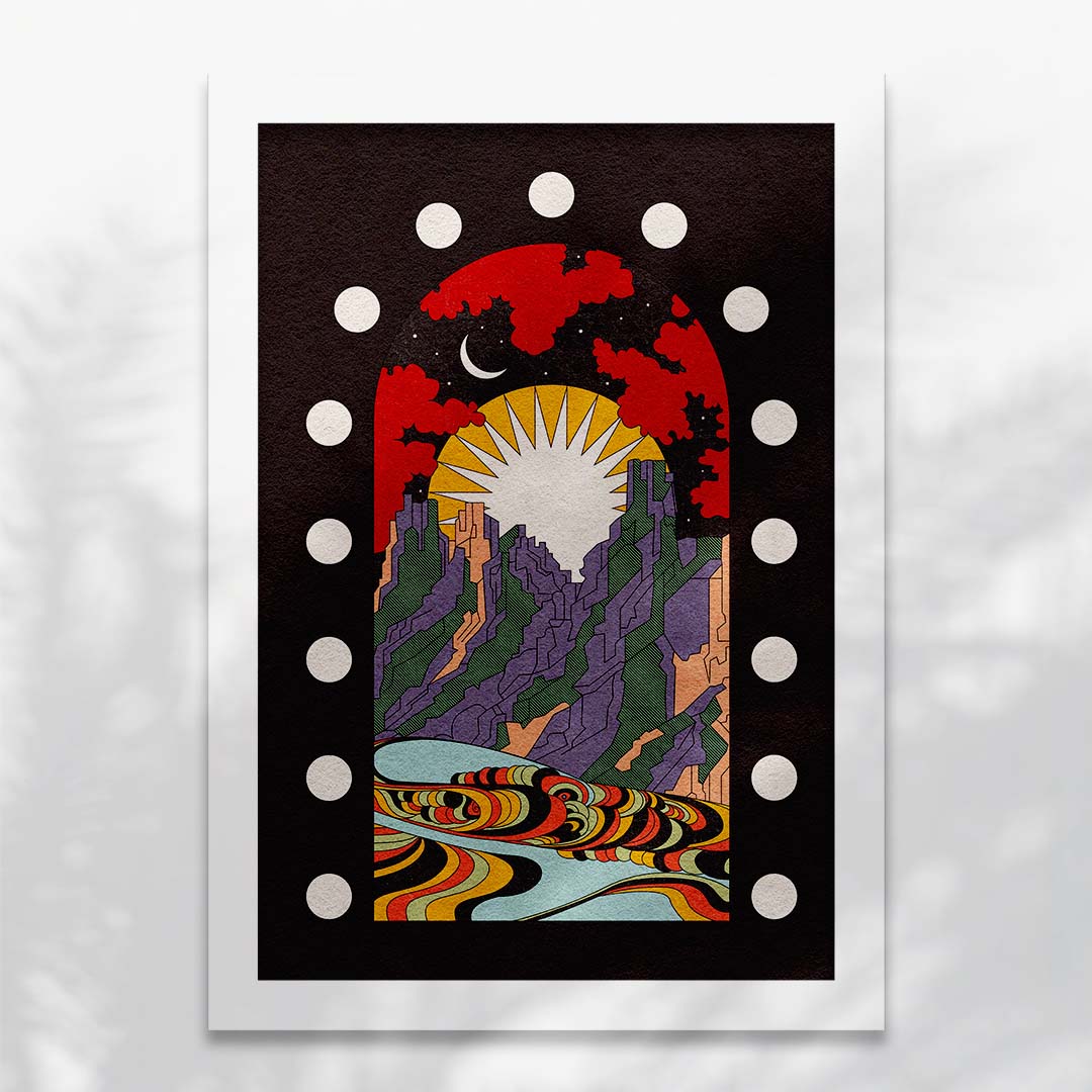 A New Morning Ahead art print featuring a mountain scene with sun and moon, available with or without positive typography.