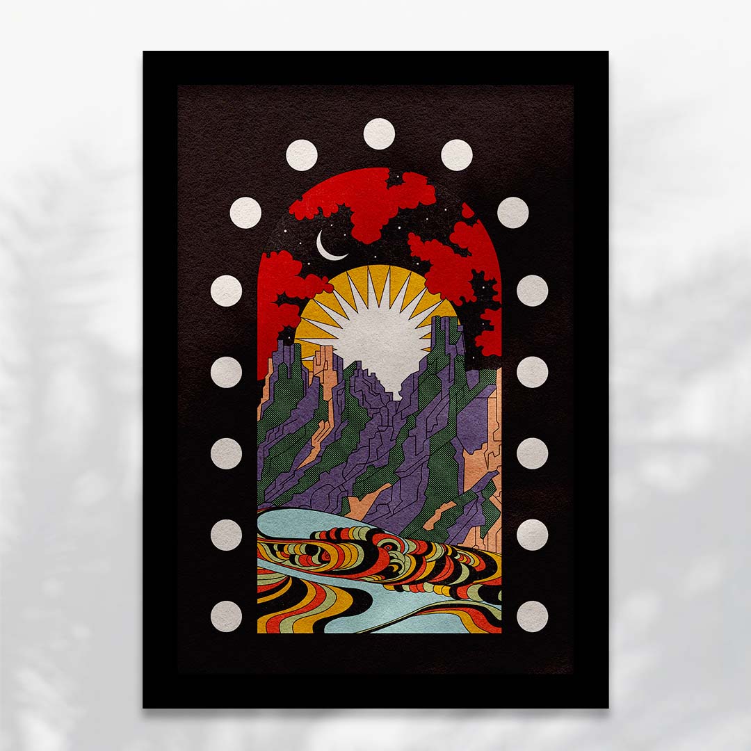 A New Morning Ahead art print featuring a mountain scene with sun and moon, available with or without positive typography.