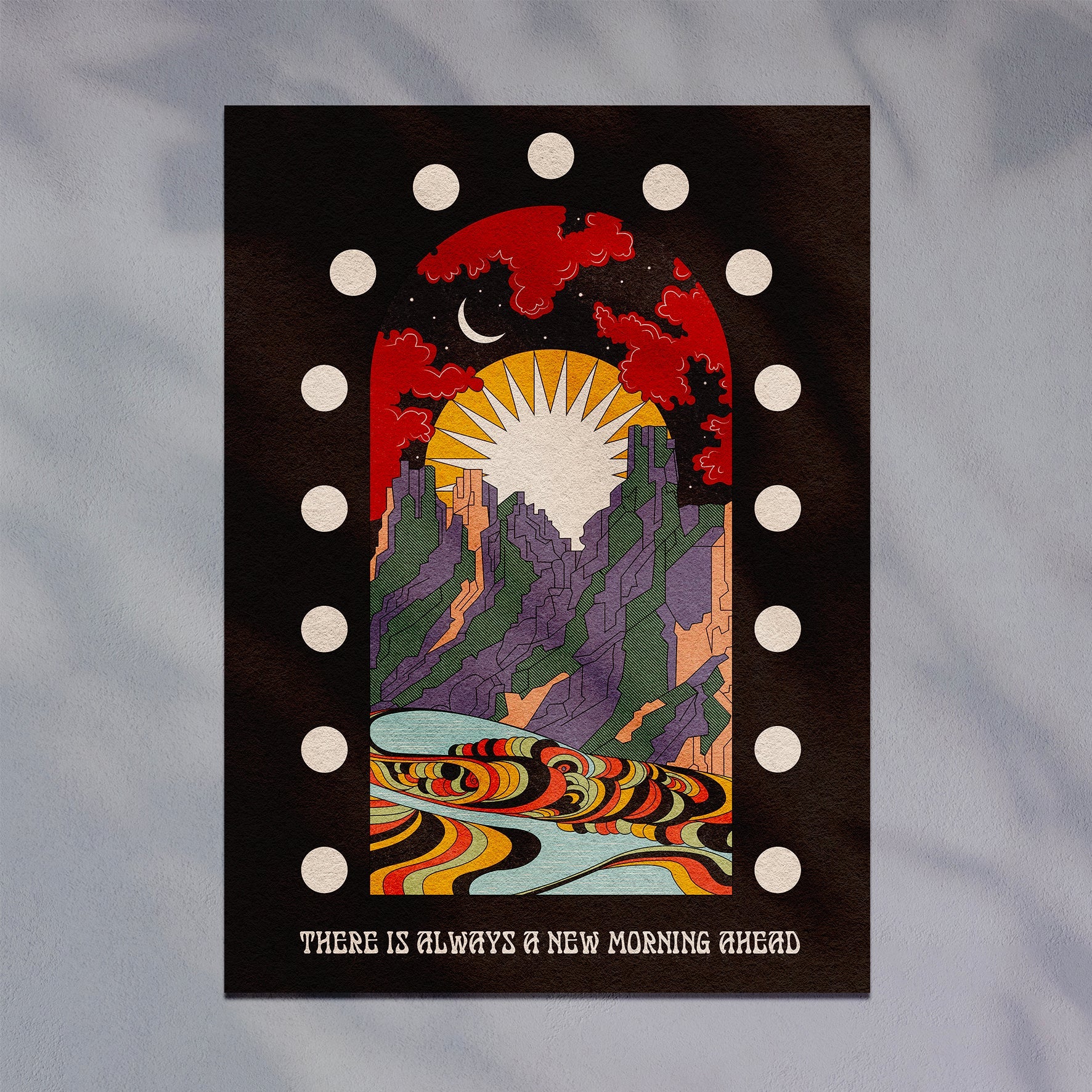 A New Morning Ahead art print featuring a mountain scene with sun and moon, available with or without positive typography.