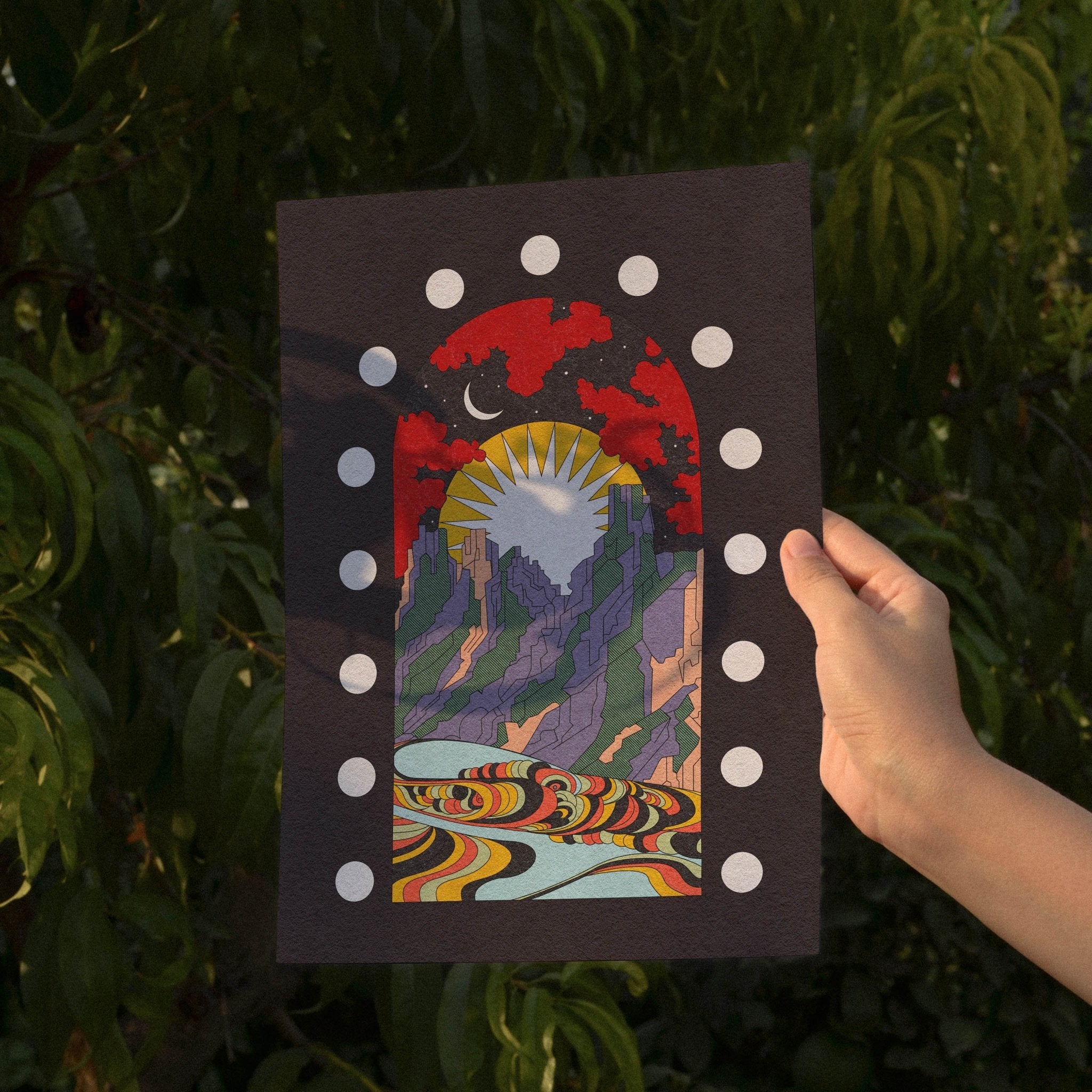 A New Morning Ahead art print featuring a mountain scene with sun and moon, available with or without positive typography.