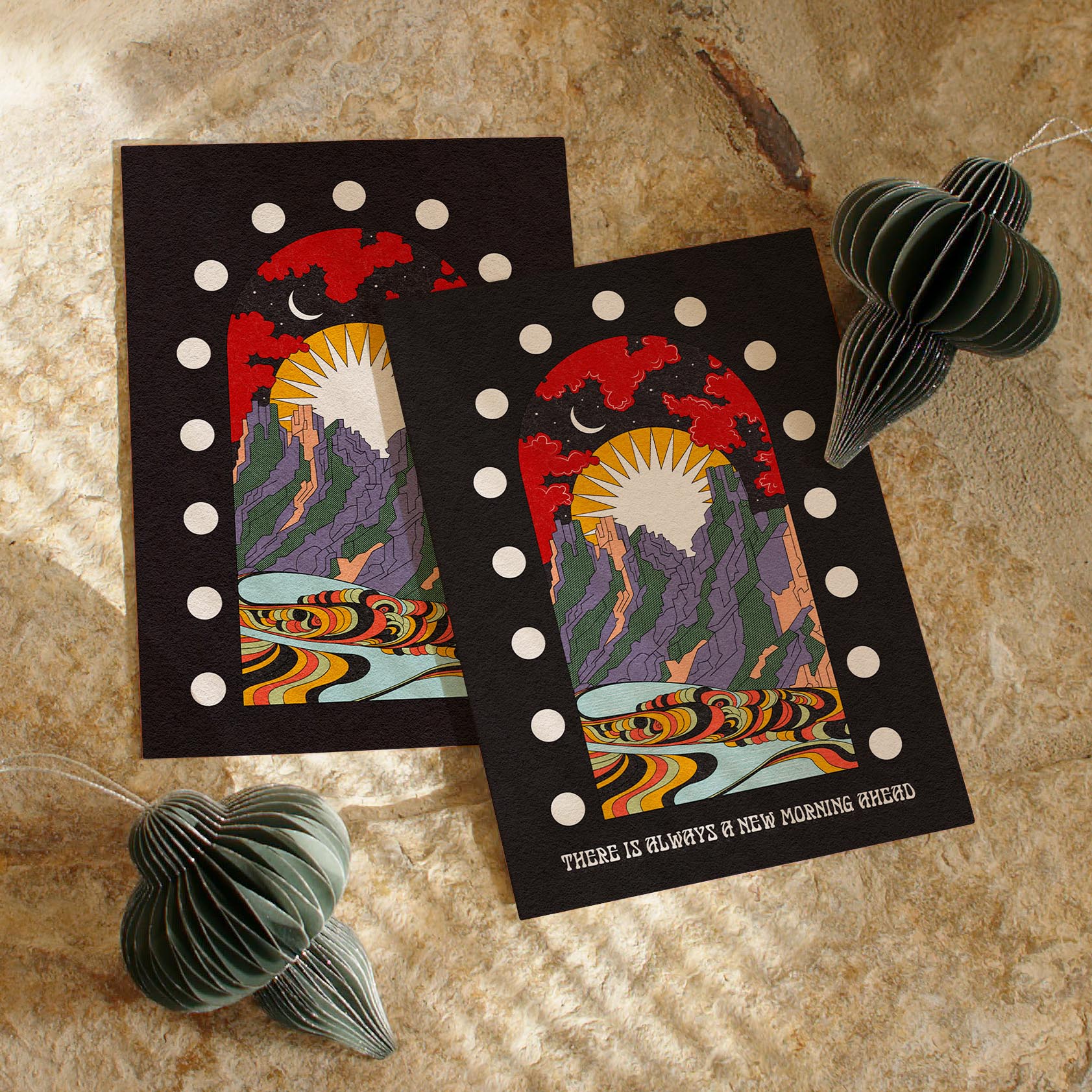 A New Morning Ahead art print featuring a mountain scene with sun and moon, available with or without positive typography.