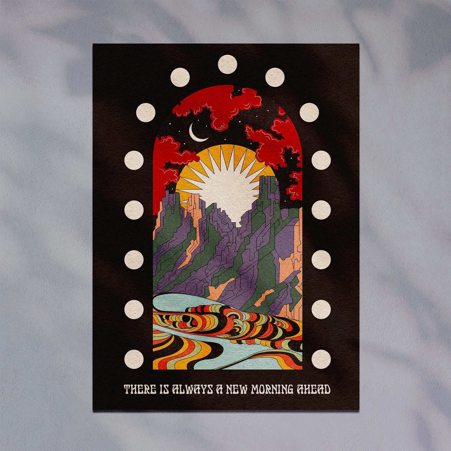 A New Morning Ahead art print featuring a mountain scene with sun and moon, available with or without positive typography.