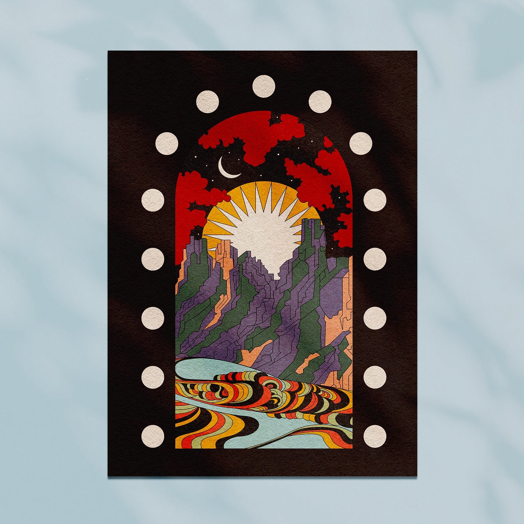 A New Morning Ahead art print featuring a mountain scene with sun and moon, available with or without positive typography.